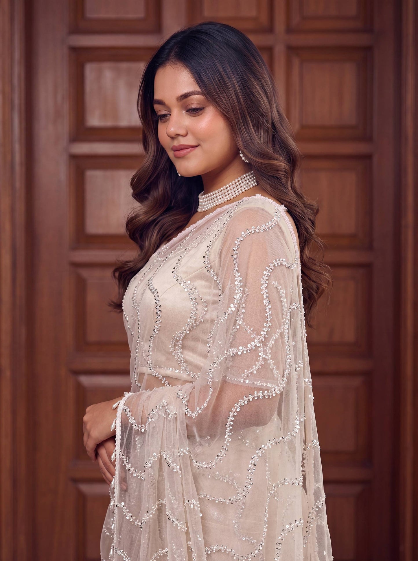Designer Net Embroidered Saree with Beads Sequins & Pearl Work