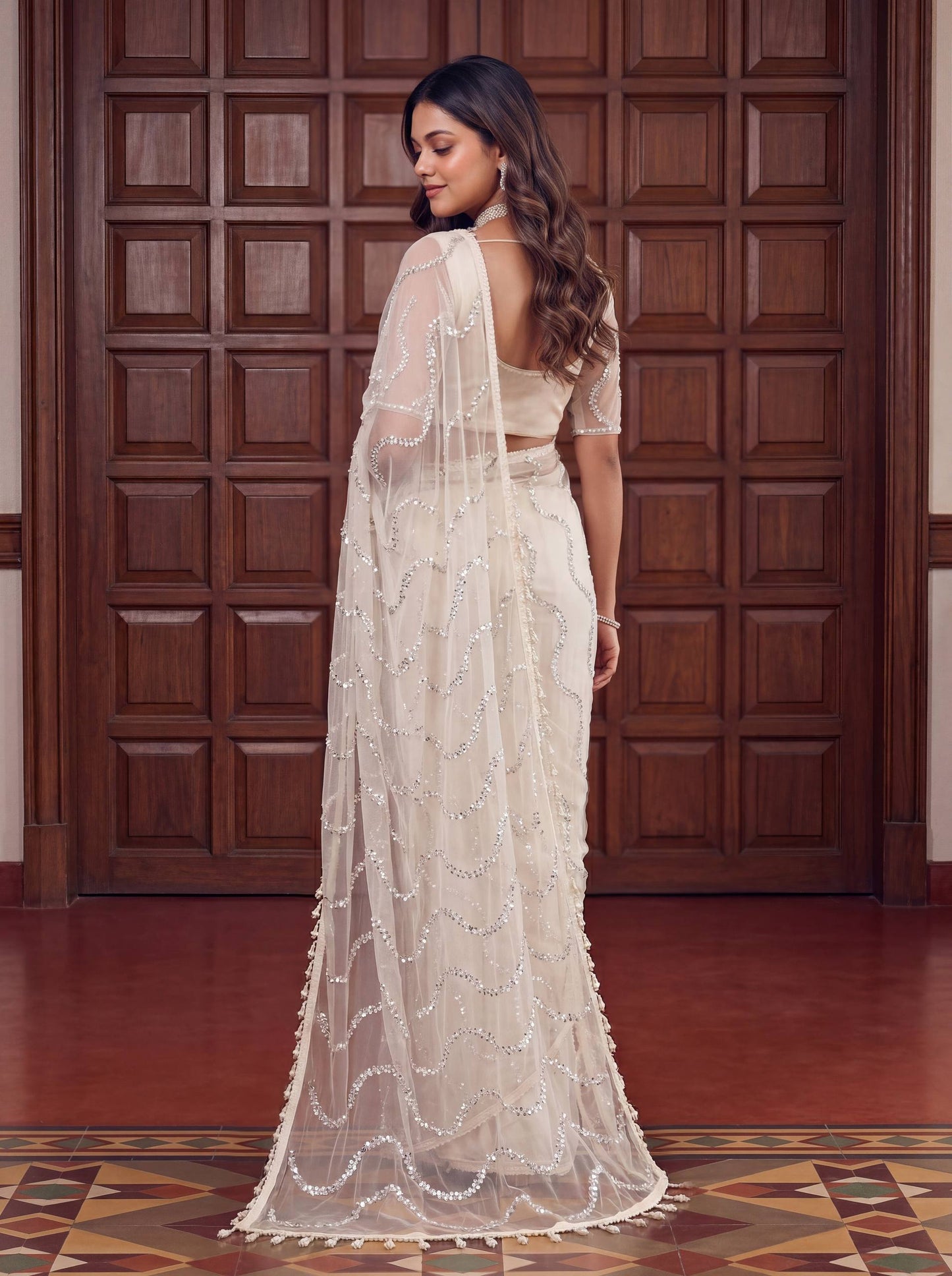 Designer Net Embroidered Saree with Beads Sequins & Pearl Work