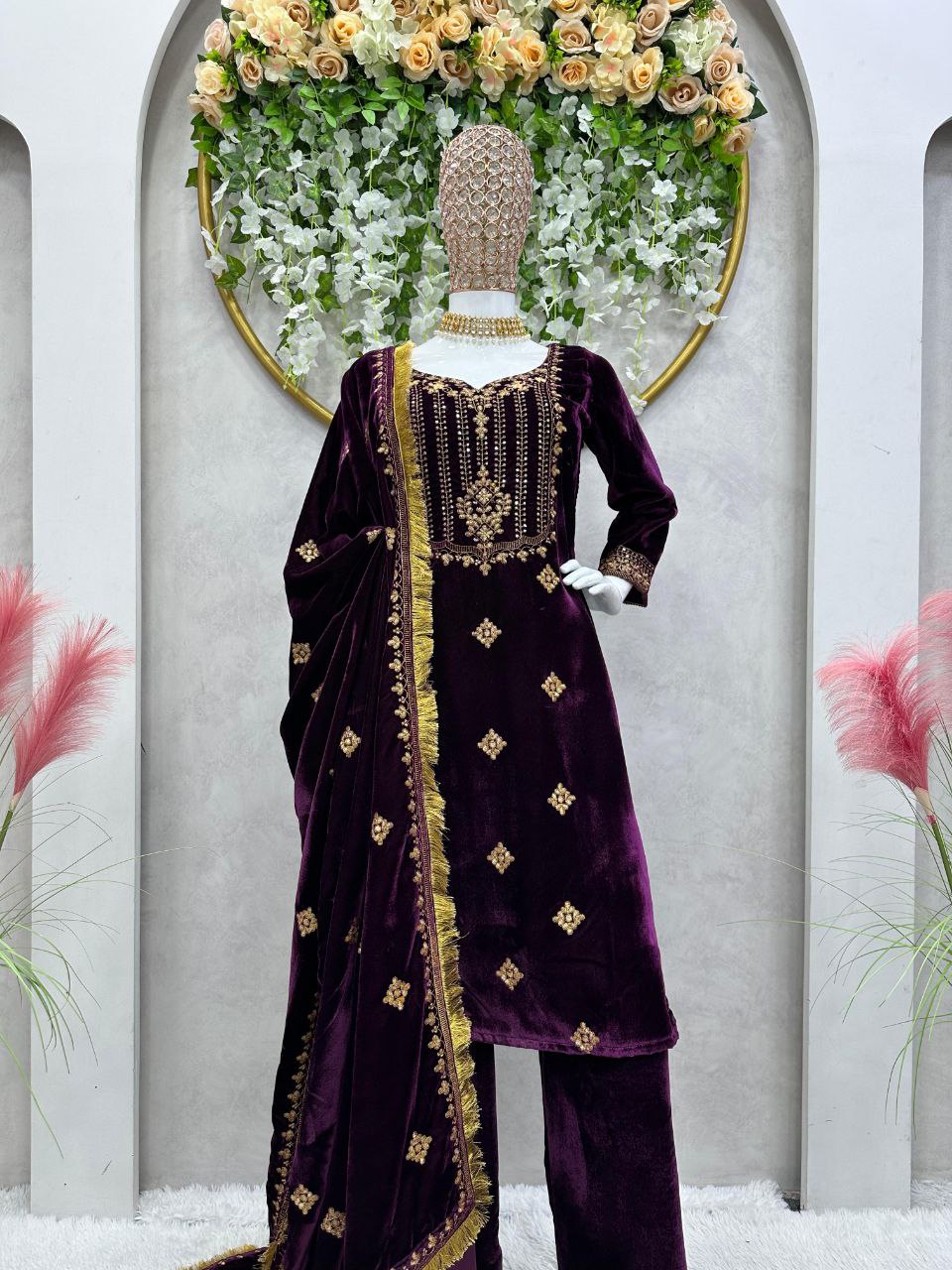 Beautiful Wine Color Heavy Velvet Thread Sequence Work Salwar Suit