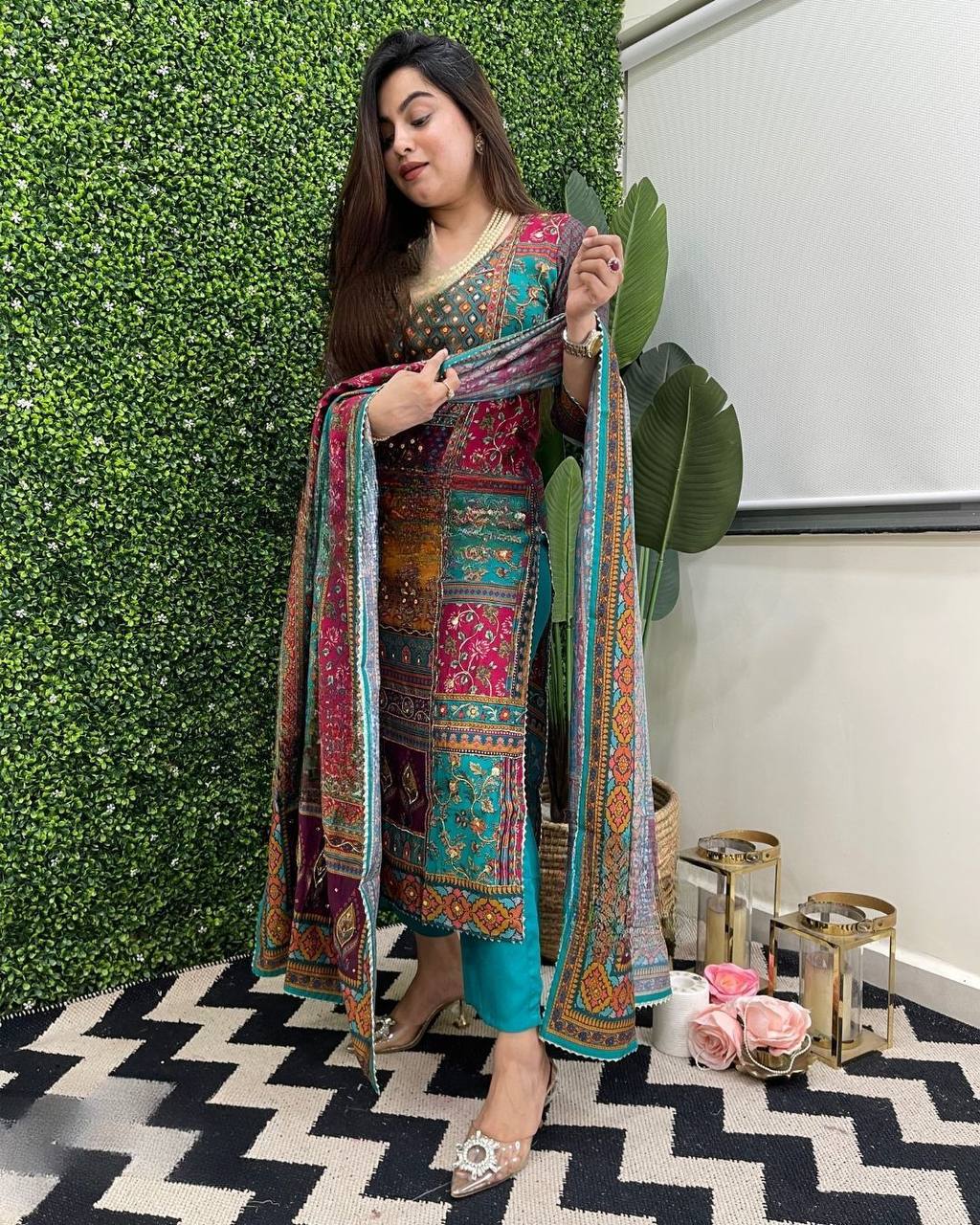 Pretty Muslin Mirror Printed Work Ready Made Salwar Suit For Women