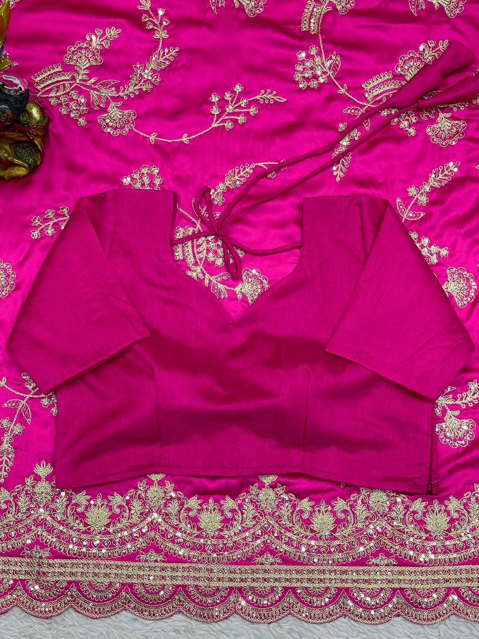 Pink Color Sequence Work Japan Satin Wedding Wear Saree Blouse