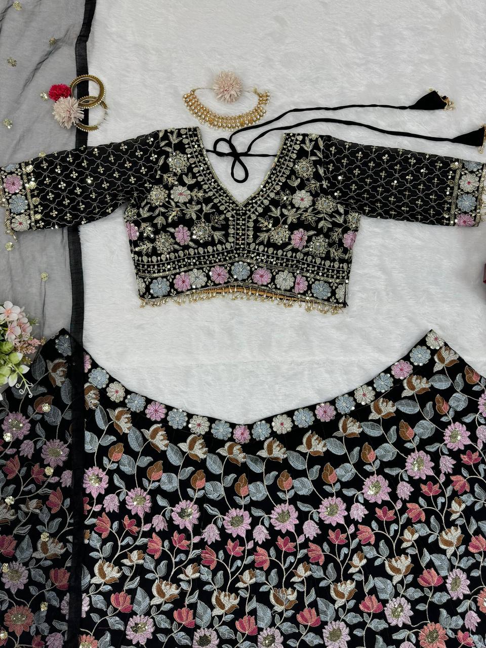 Black Color Wedding Wear Georgette Sequence Work Lehenga Choli