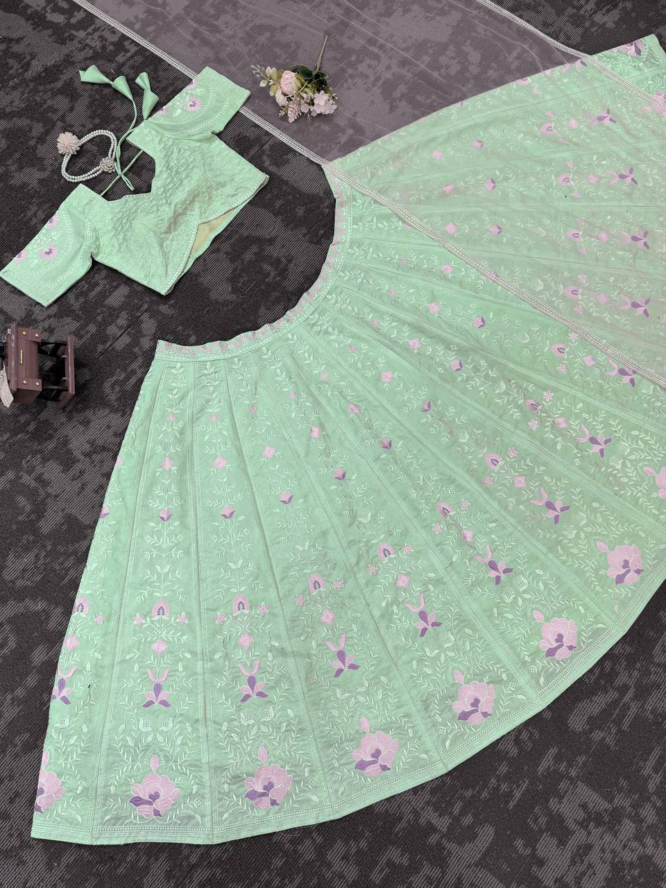 Latest Sea Green Color Mono Banglori Sequence Work Lehenga Choli