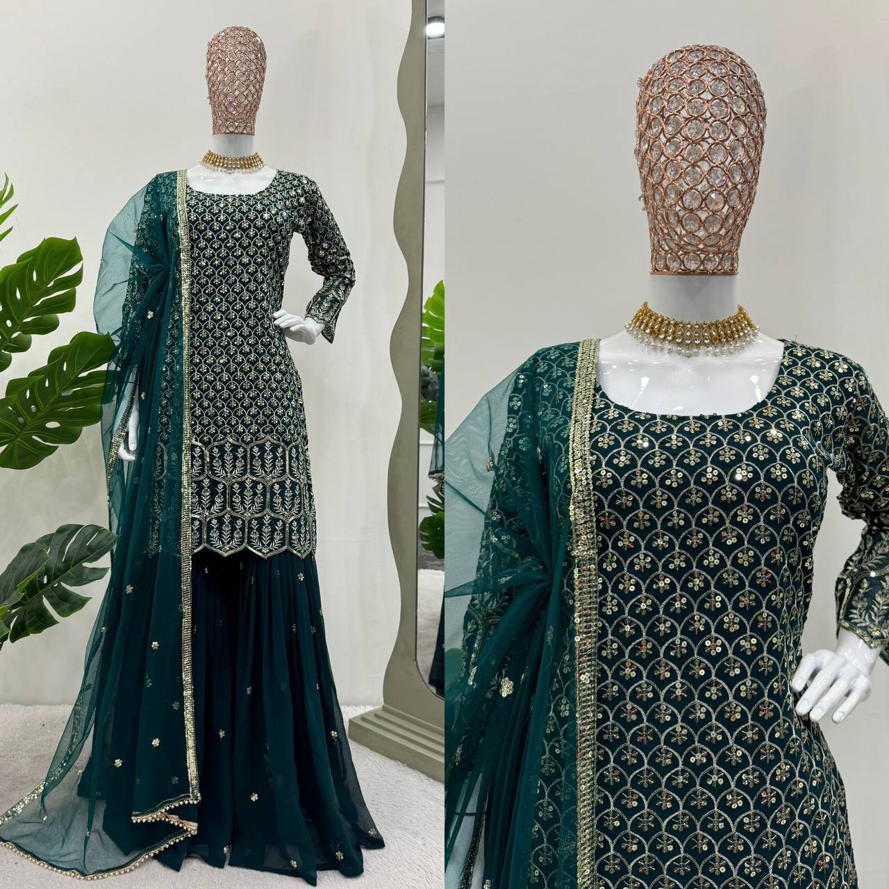 Designer Bottle Green Color Georgette Sequence Work Salwar Suit