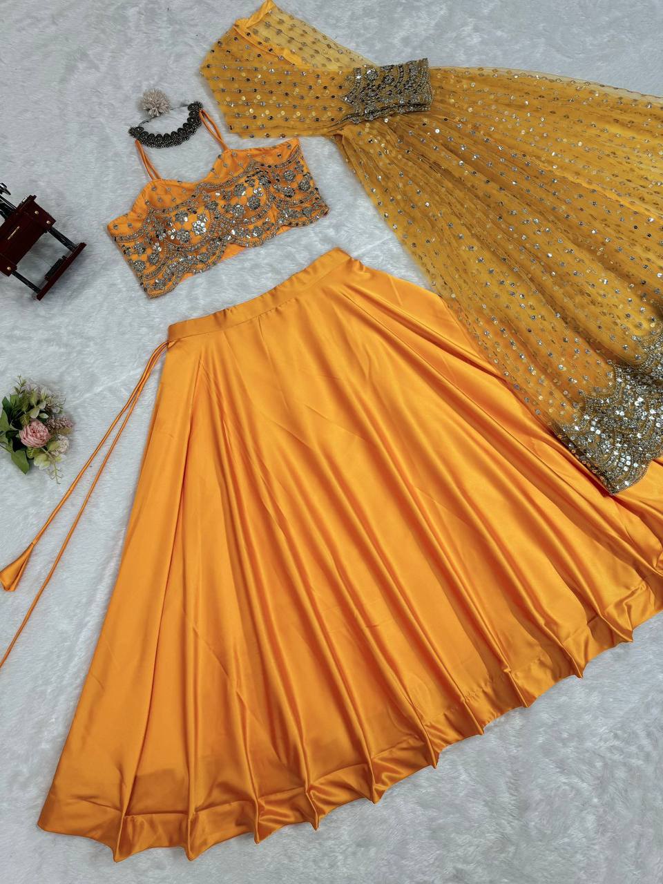 Amazing Yellow Color Sequence Work Japan Satin Lehenga Choli With Koti