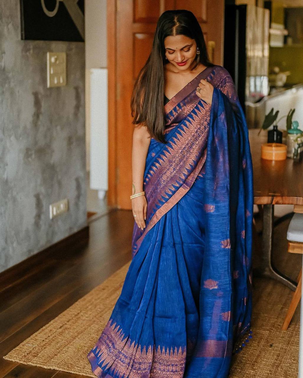 Blue Color Linen Cotton Weaving Saree