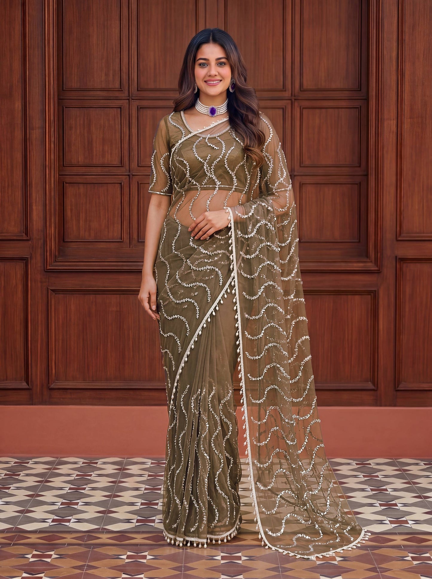 Designer Net Embroidered Saree with Beads Sequins & Pearl Work