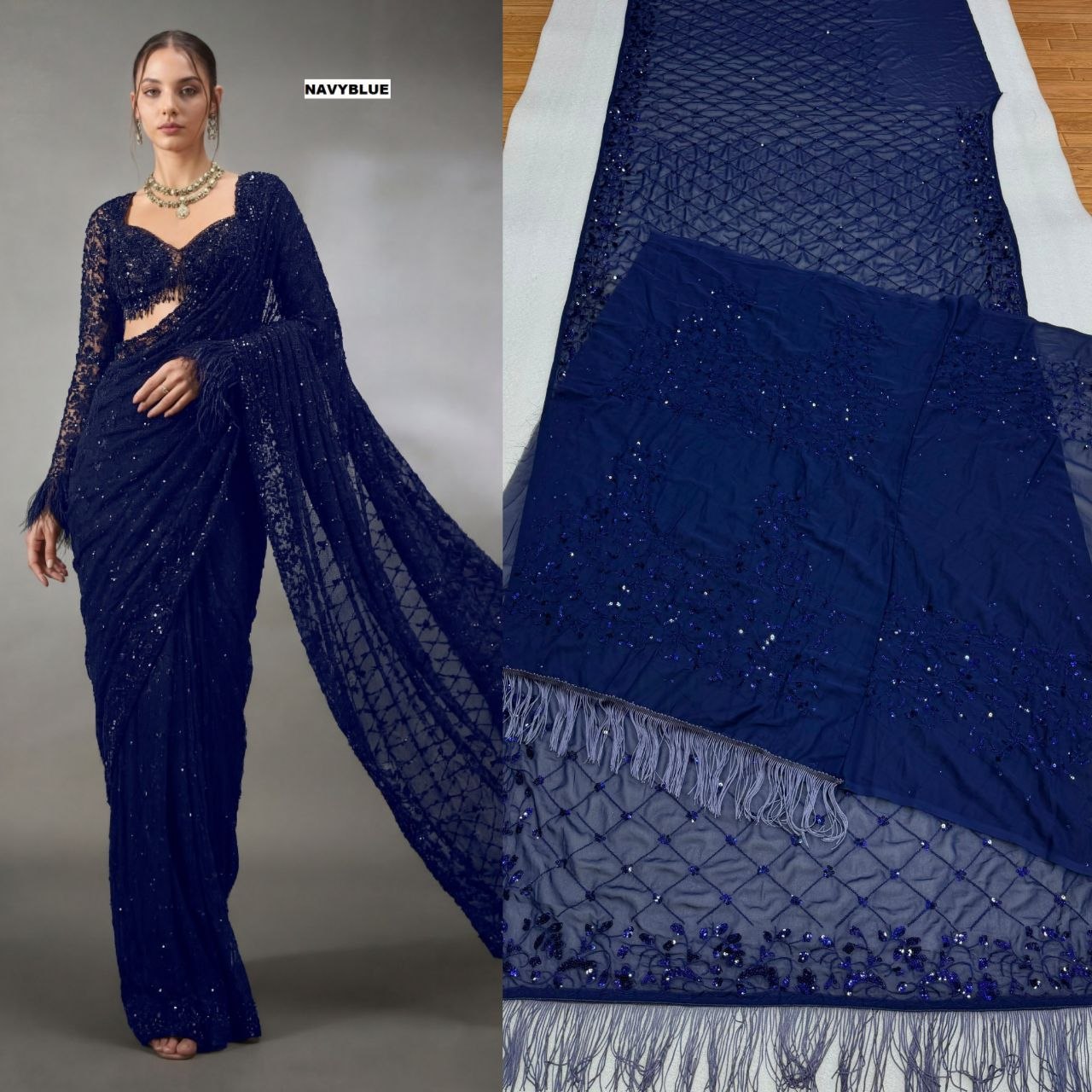 Heavy Georgette 5mm Sequins & Multi Embroidery Designer Saree with Zalar Border