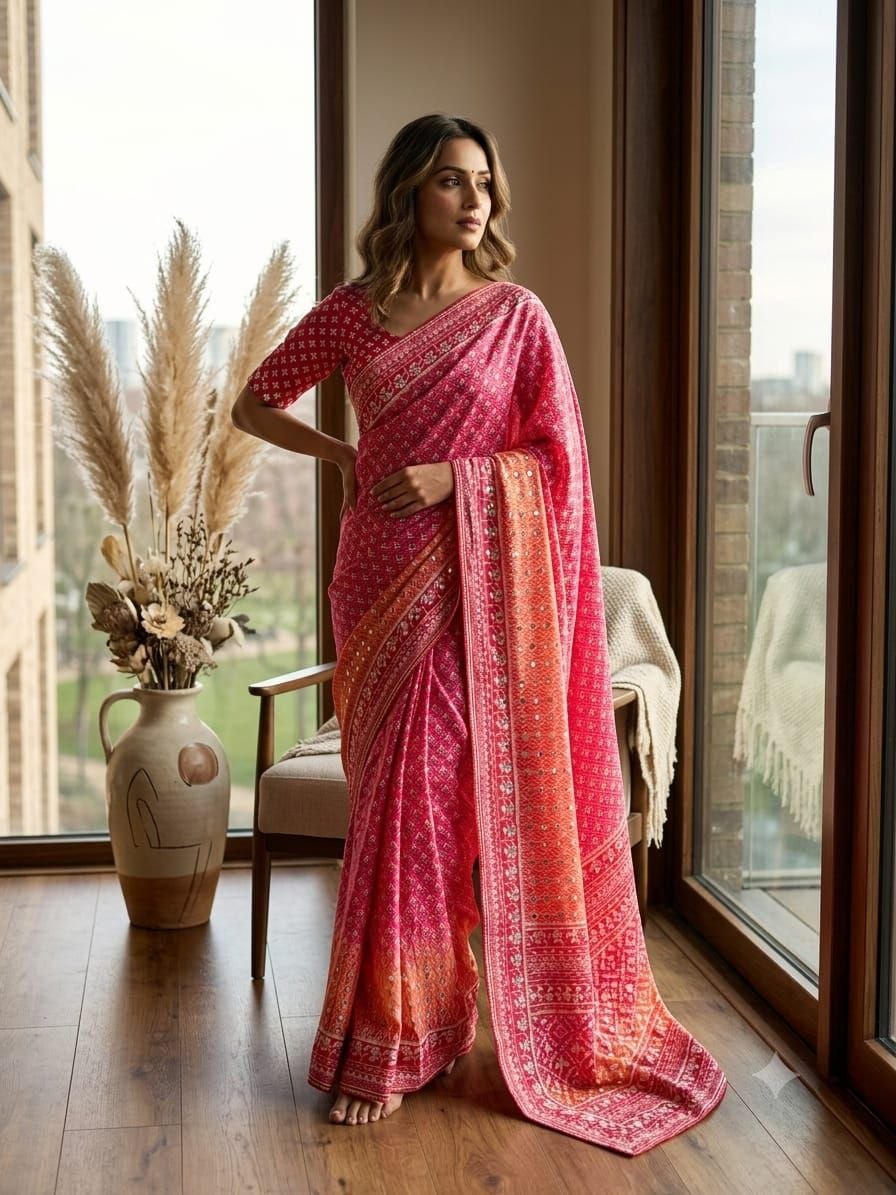 Soft Chinon Silk Designer Saree Mirror work and Hand Aari Work