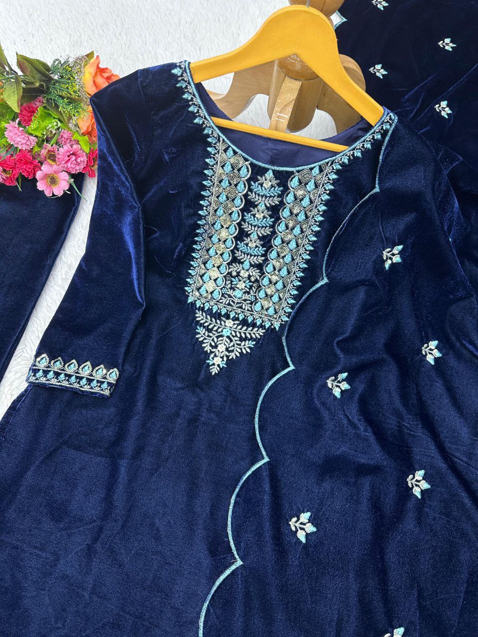 Beautiful Blue Color Heavy Velvet Thread Sequence Work Salwar Suit