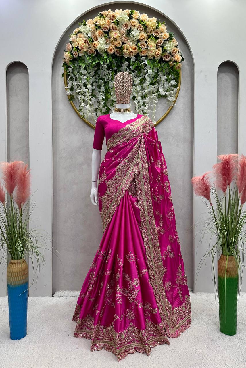 Pink Color Sequence Work Japan Satin Wedding Wear Saree Blouse