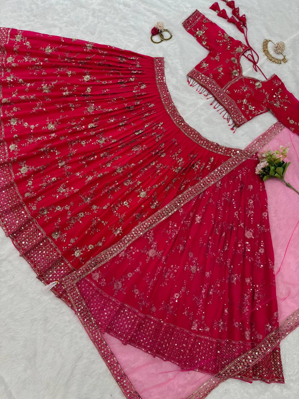 Wedding Wear Red Color Georgette Thread Sequence Work Lehenga Choli