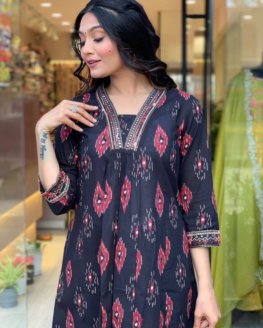 Black Color Cotton Embroidery Printed Work Salwar Suit For Women