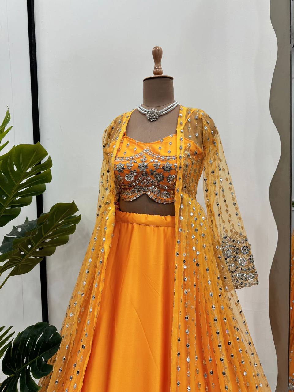 Amazing Yellow Color Sequence Work Japan Satin Lehenga Choli With Koti