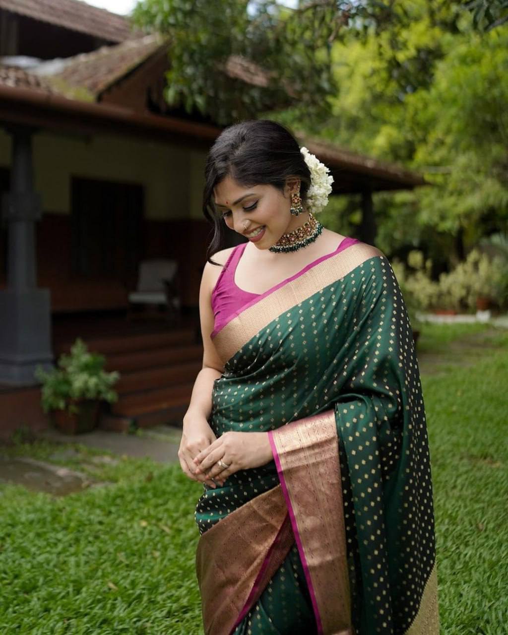 Green Color Lichi Silk Jacquard Saree