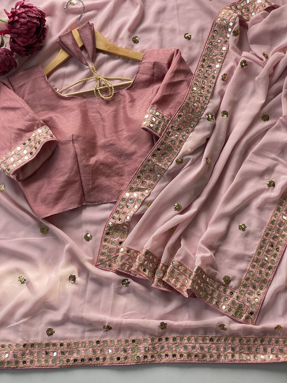 Premium Faux Georgette Saree with 5mm Sequins Butti & Mirror Lace Border