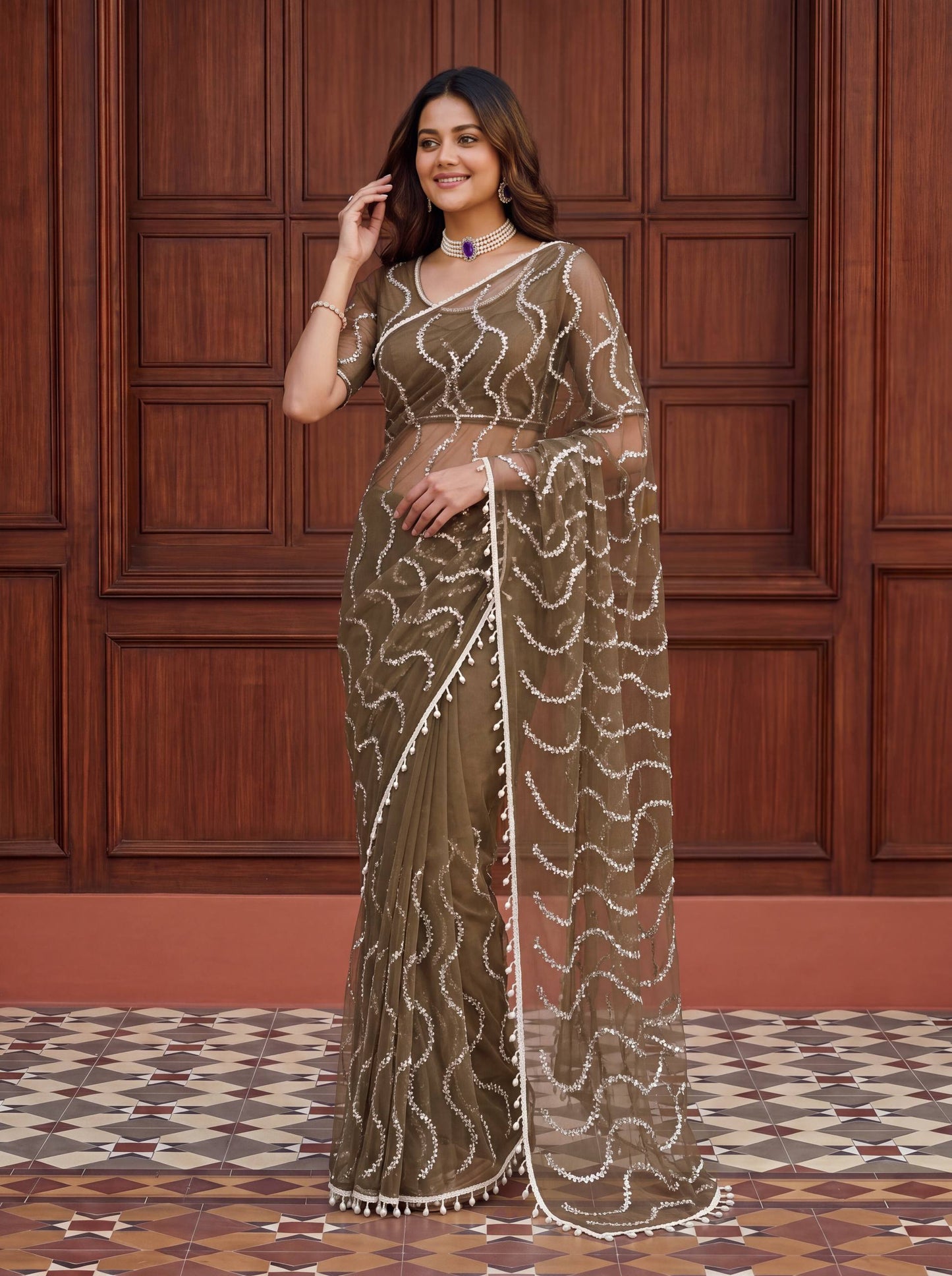 Designer Net Embroidered Saree with Beads Sequins & Pearl Work