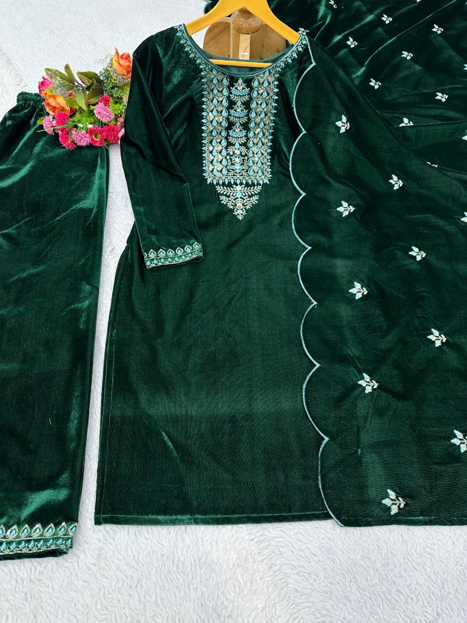 Beautiful Green Color Heavy Velvet Thread Sequence Work Salwar Suit