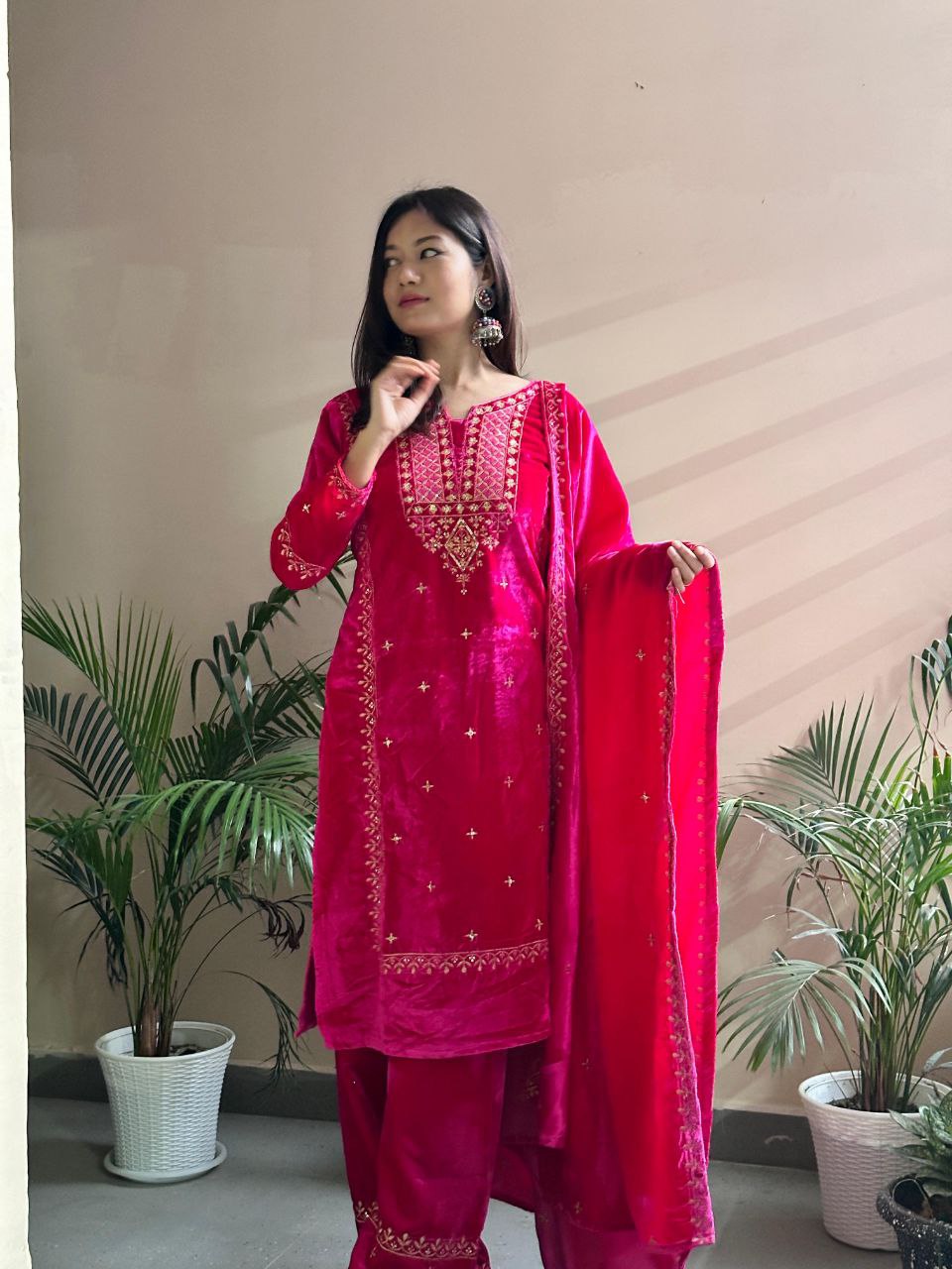 Buy Onion Pink Zariwork Art Silk Readymade Salwar Suit - Koskii