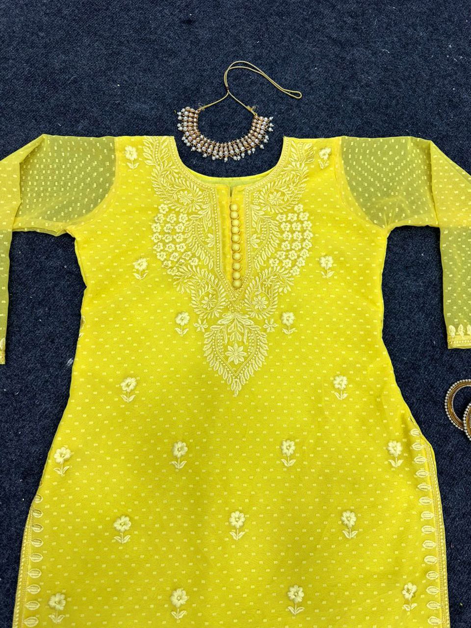 Beautiful Yellow Color Chikankari Kurti With Pent