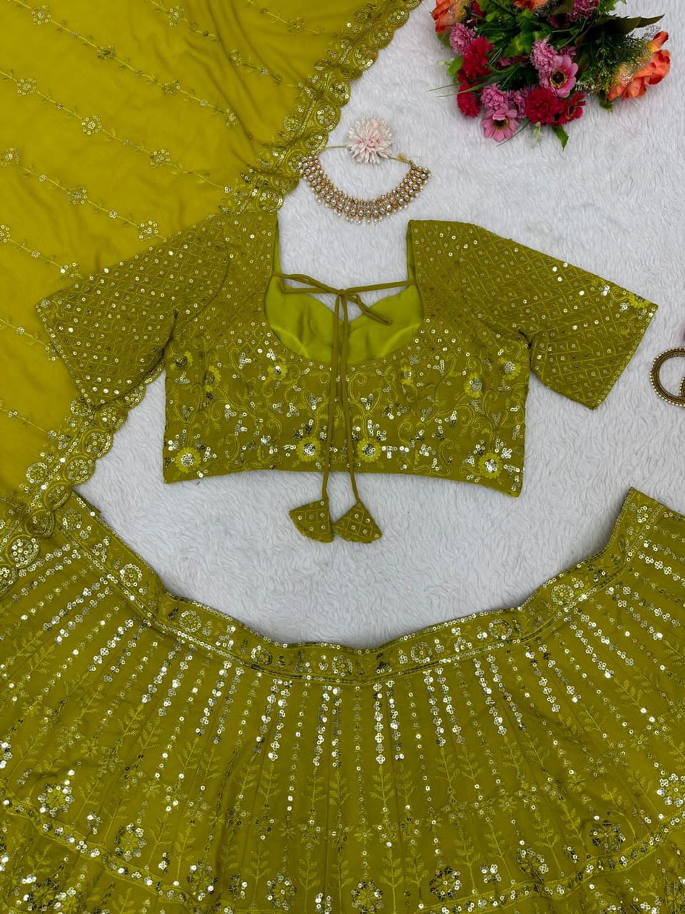 Beautiful Parrot Green Color Georgette Sequence Work Lehenga Choli With Dupatta