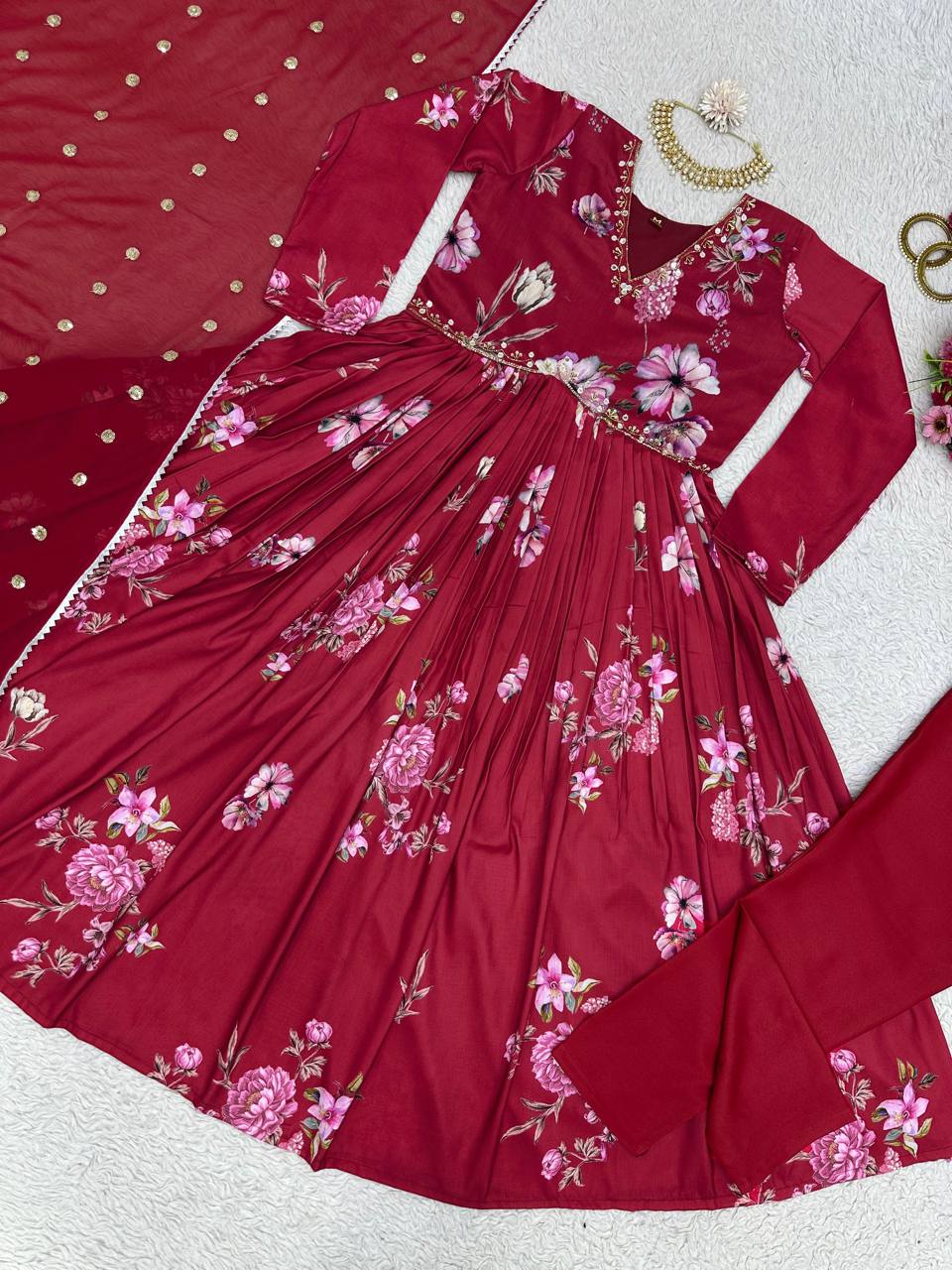 Admirable Designer Red Color Digital Printed Hand Work Nyra Cut Salwar Suit