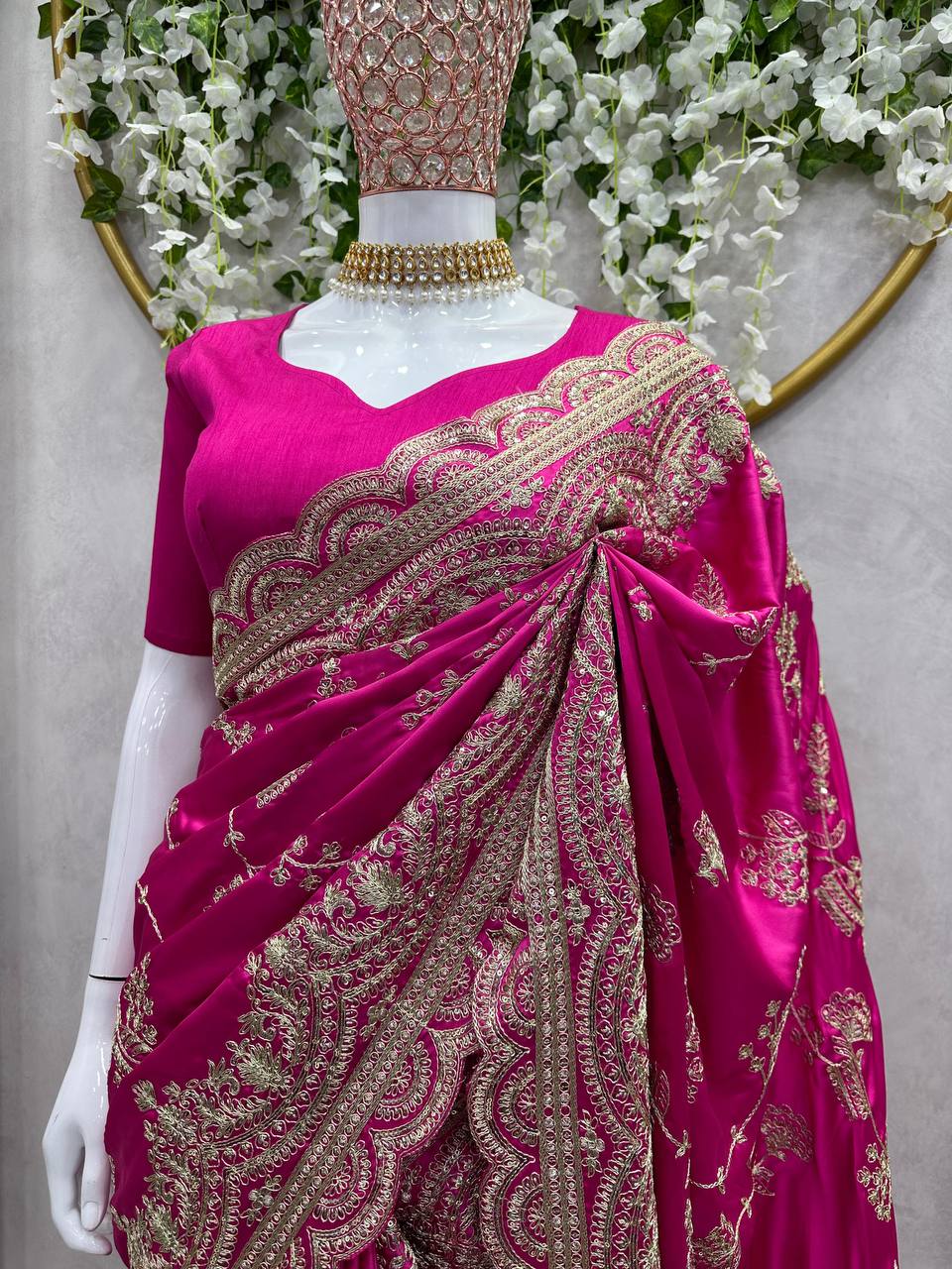 Pink Color Sequence Work Japan Satin Wedding Wear Saree Blouse