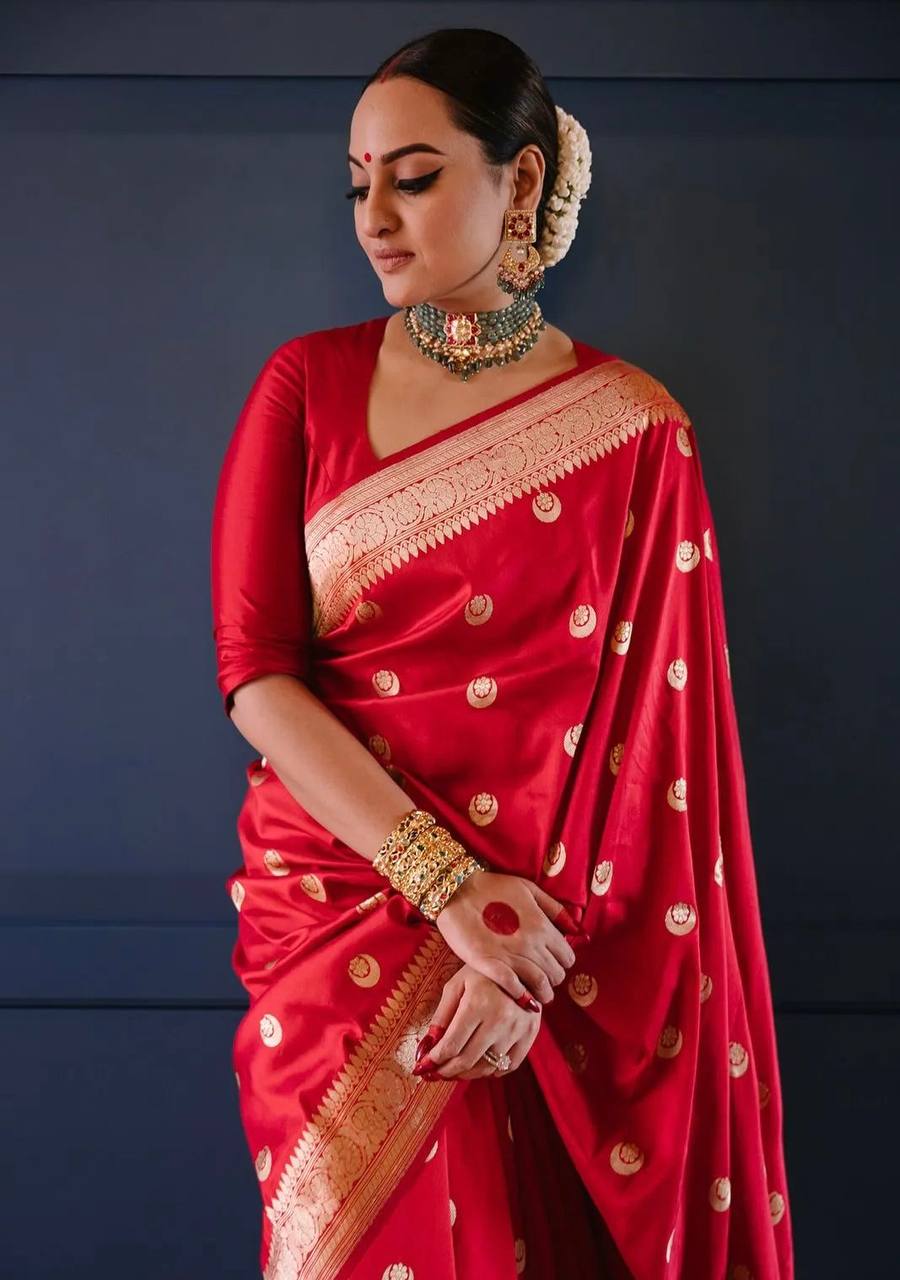 Party Wear Red Color Lichi Silk Jacquard Work Saree Blouse