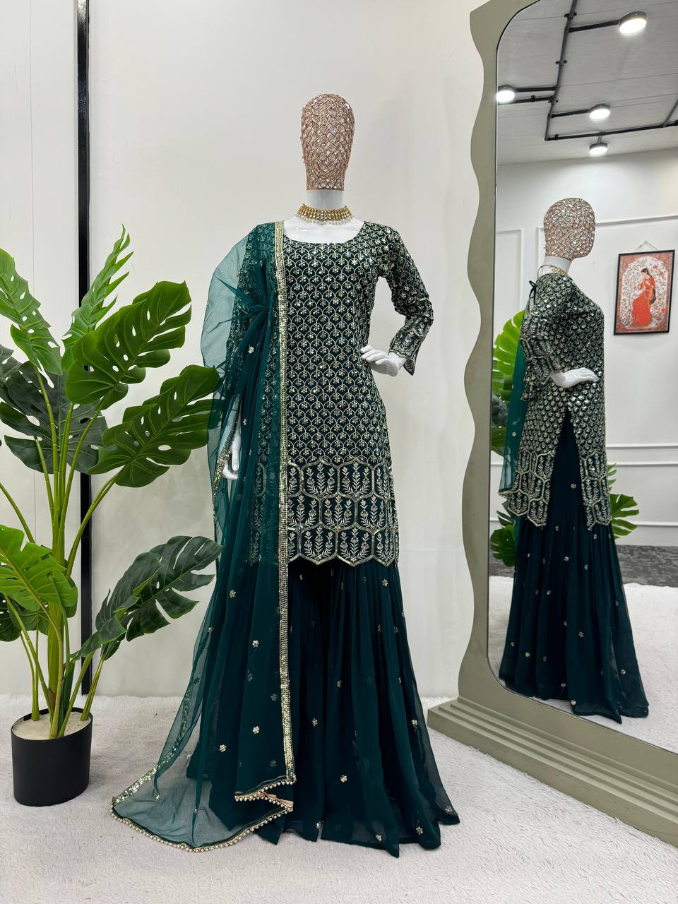 Designer Bottle Green Color Georgette Sequence Work Salwar Suit