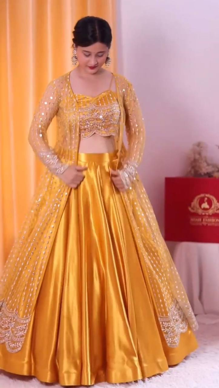 Amazing Yellow Color Sequence Work Japan Satin Lehenga Choli With Koti