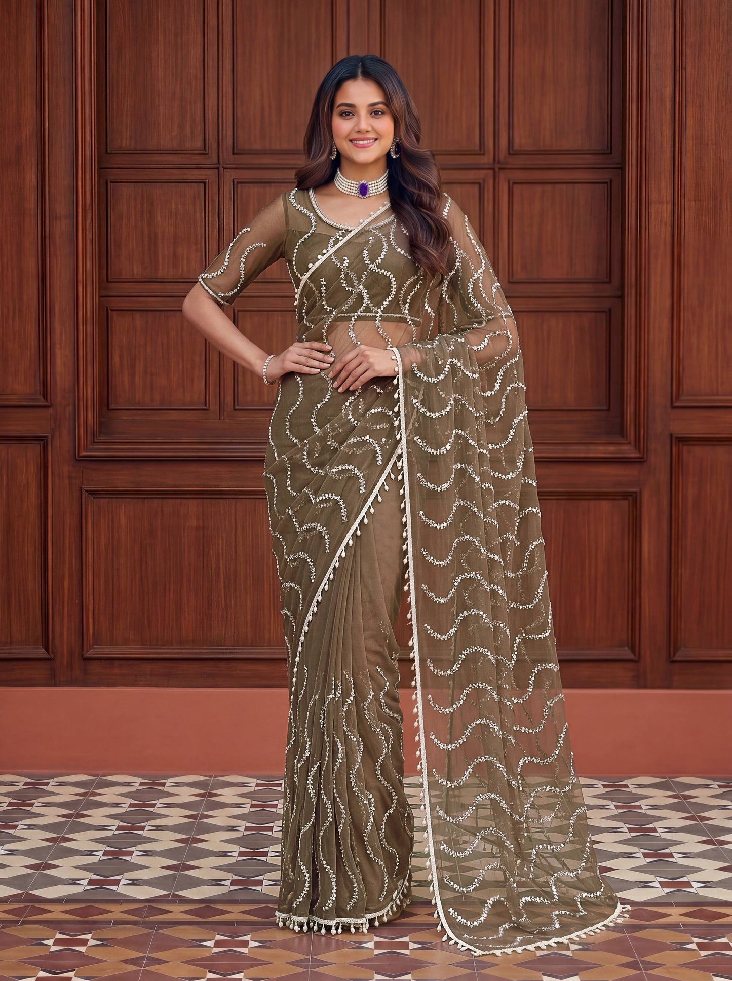 Designer Net Embroidered Saree with Beads Sequins & Pearl Work