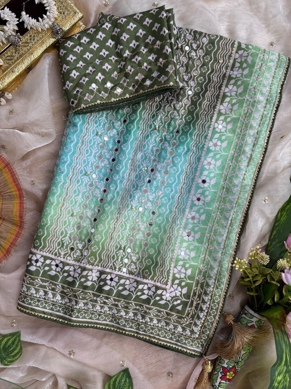 Soft Chinon Silk Designer Saree Mirror work and Hand Aari Work