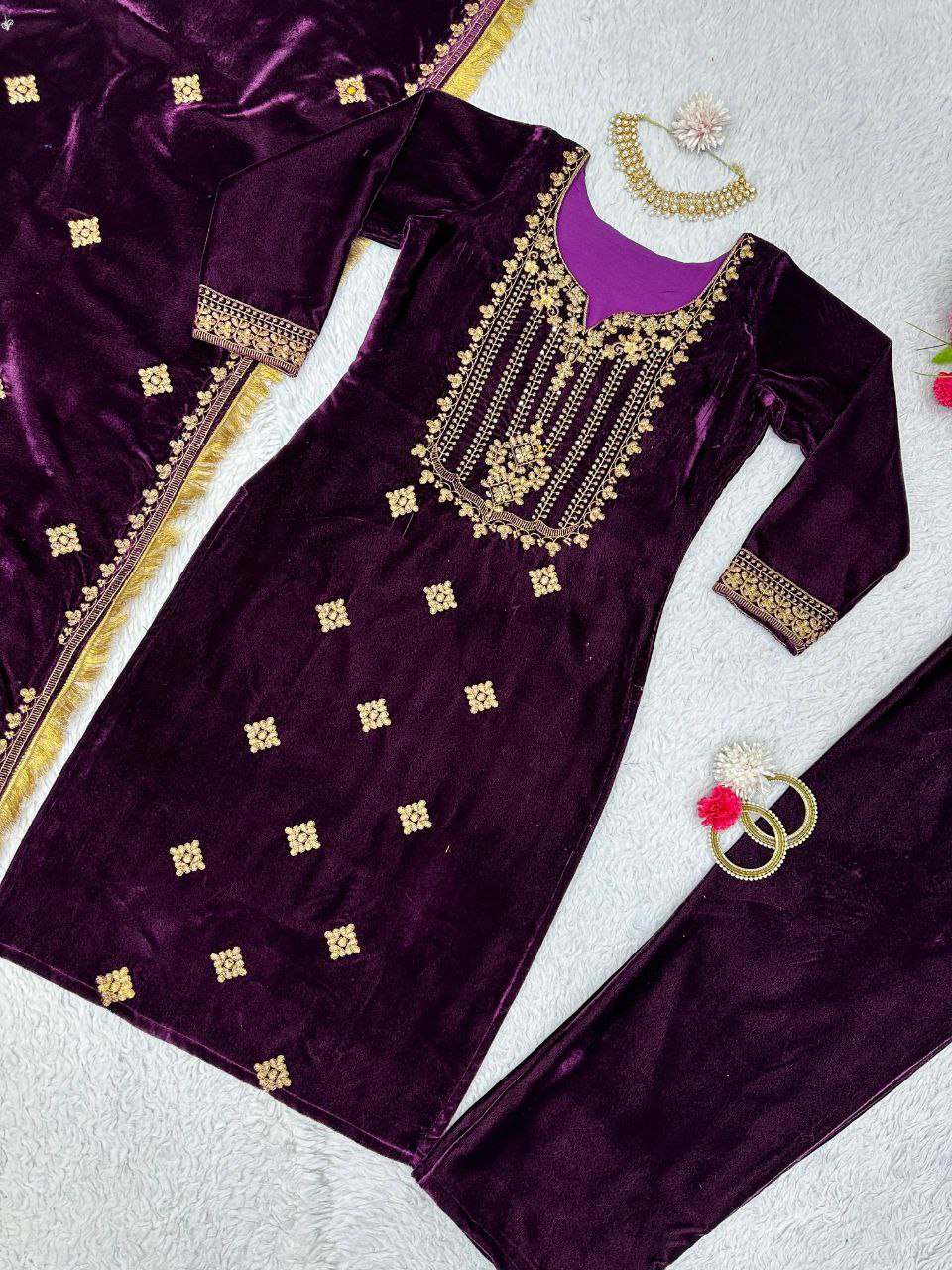 Beautiful Wine Color Heavy Velvet Thread Sequence Work Salwar Suit