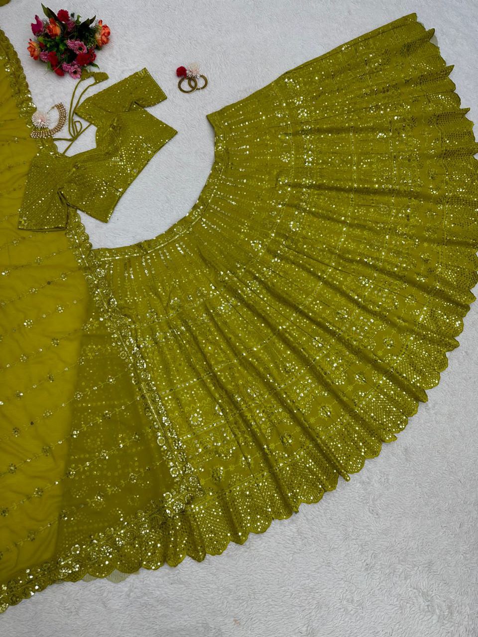 Beautiful Parrot Green Color Georgette Sequence Work Lehenga Choli With Dupatta