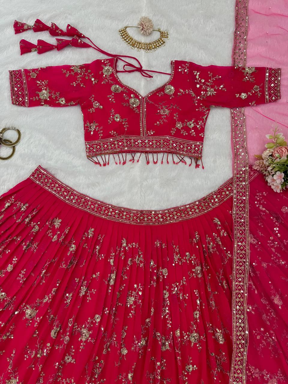 Wedding Wear Red Color Georgette Thread Sequence Work Lehenga Choli