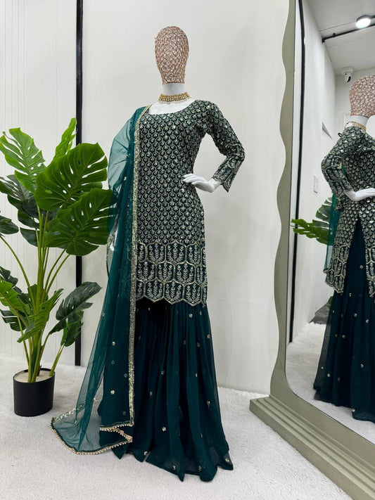 Designer Bottle Green Color Georgette Sequence Work Salwar Suit