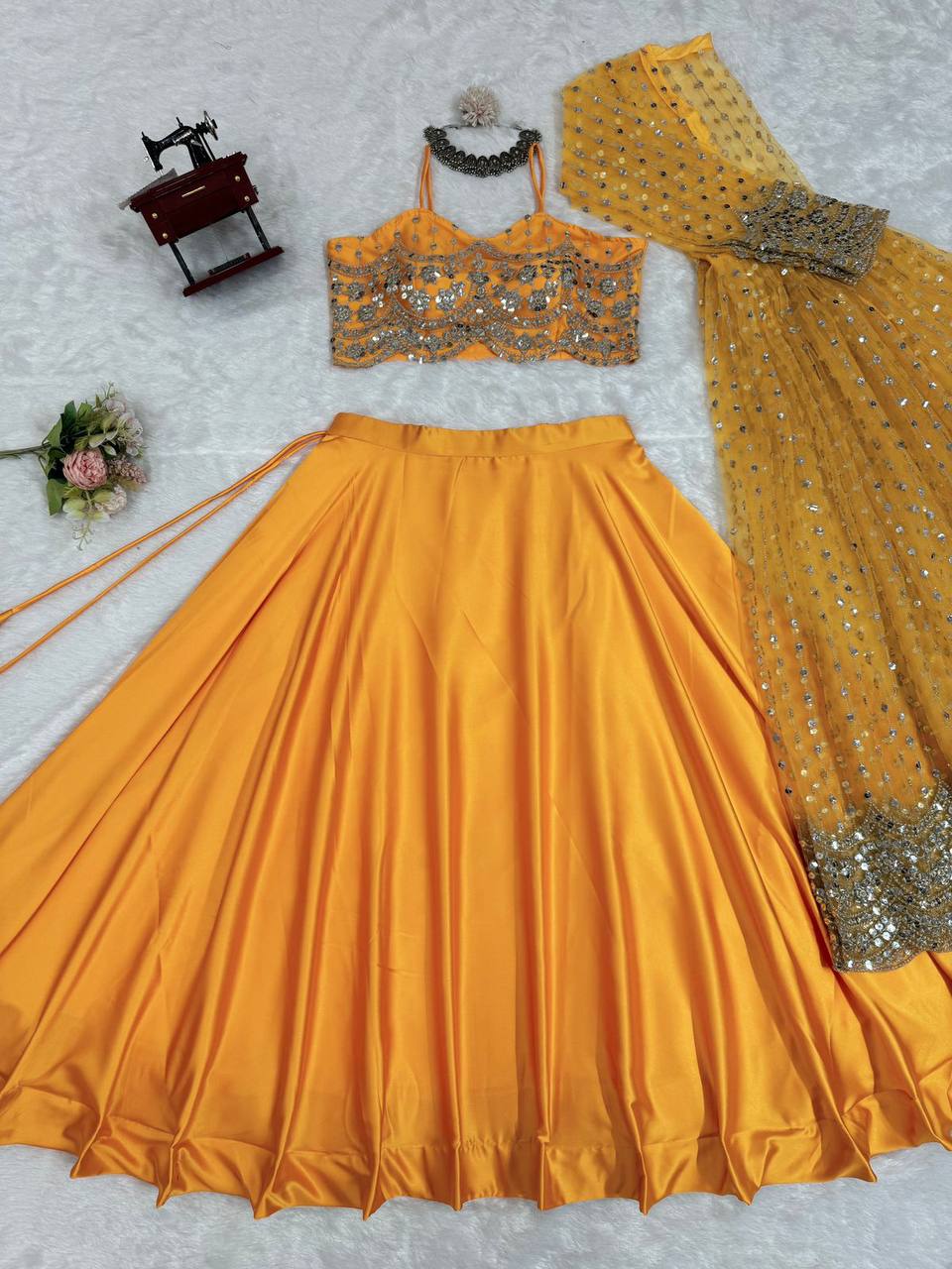 Amazing Yellow Color Sequence Work Japan Satin Lehenga Choli With Koti