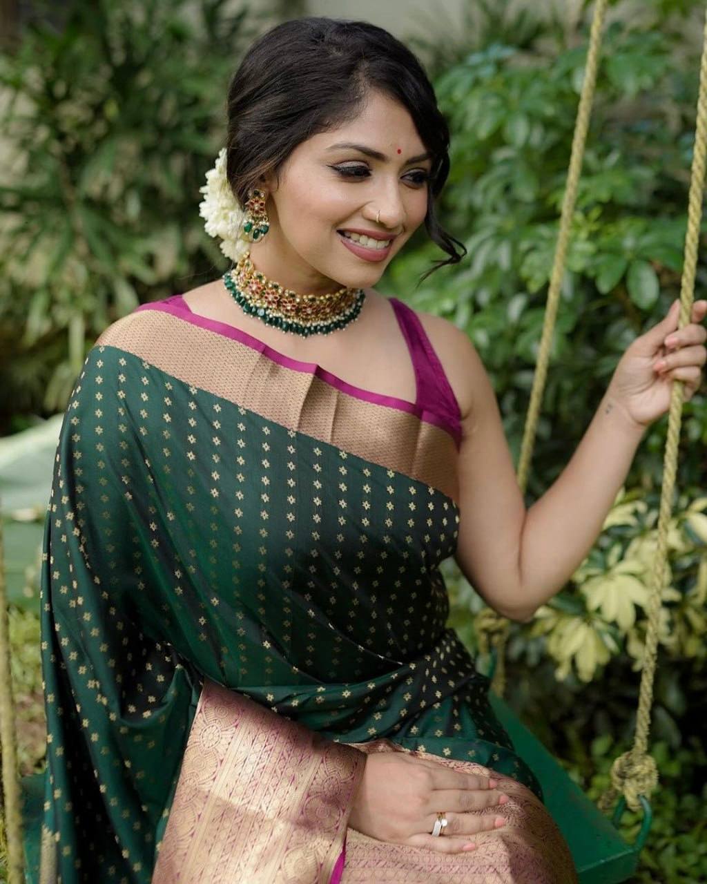 Green Color Lichi Silk Jacquard Saree