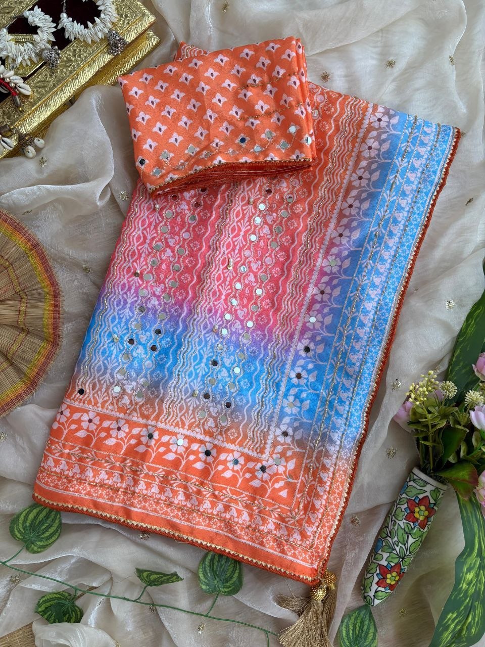 Soft Chinon Silk Designer Saree Mirror work and Hand Aari Work
