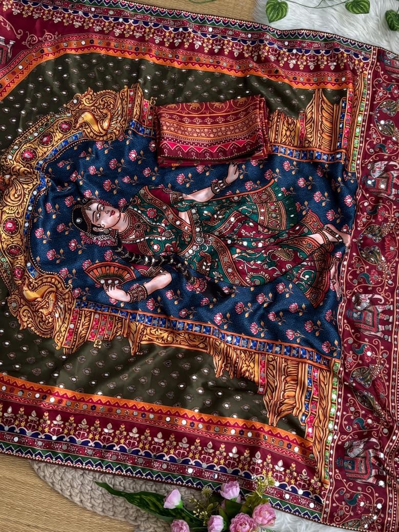 Rashmika Elegant Rich Look Silk Crep Print Mirror Work Saree