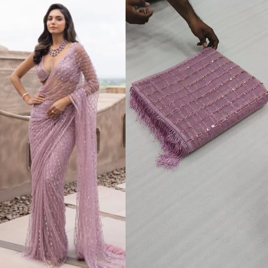 Beautiful Net Designer Embroidered Sequence Saree For Women