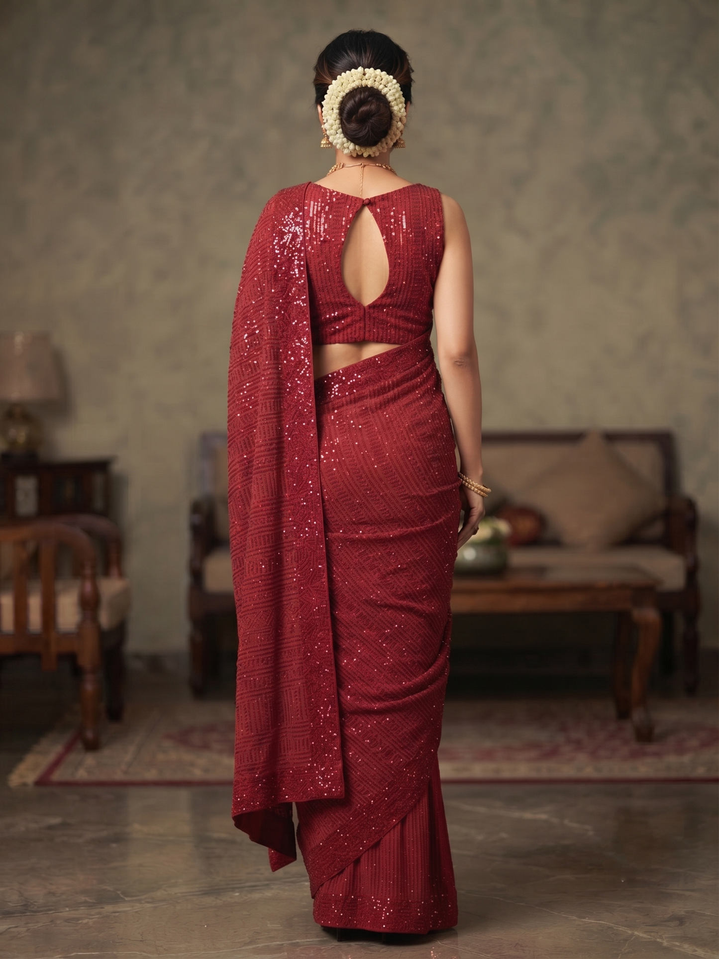 Faux Georgette Embroidered Saree with Sequins Work