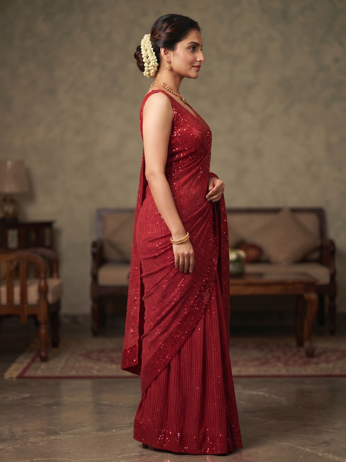 Faux Georgette Embroidered Saree with Sequins Work