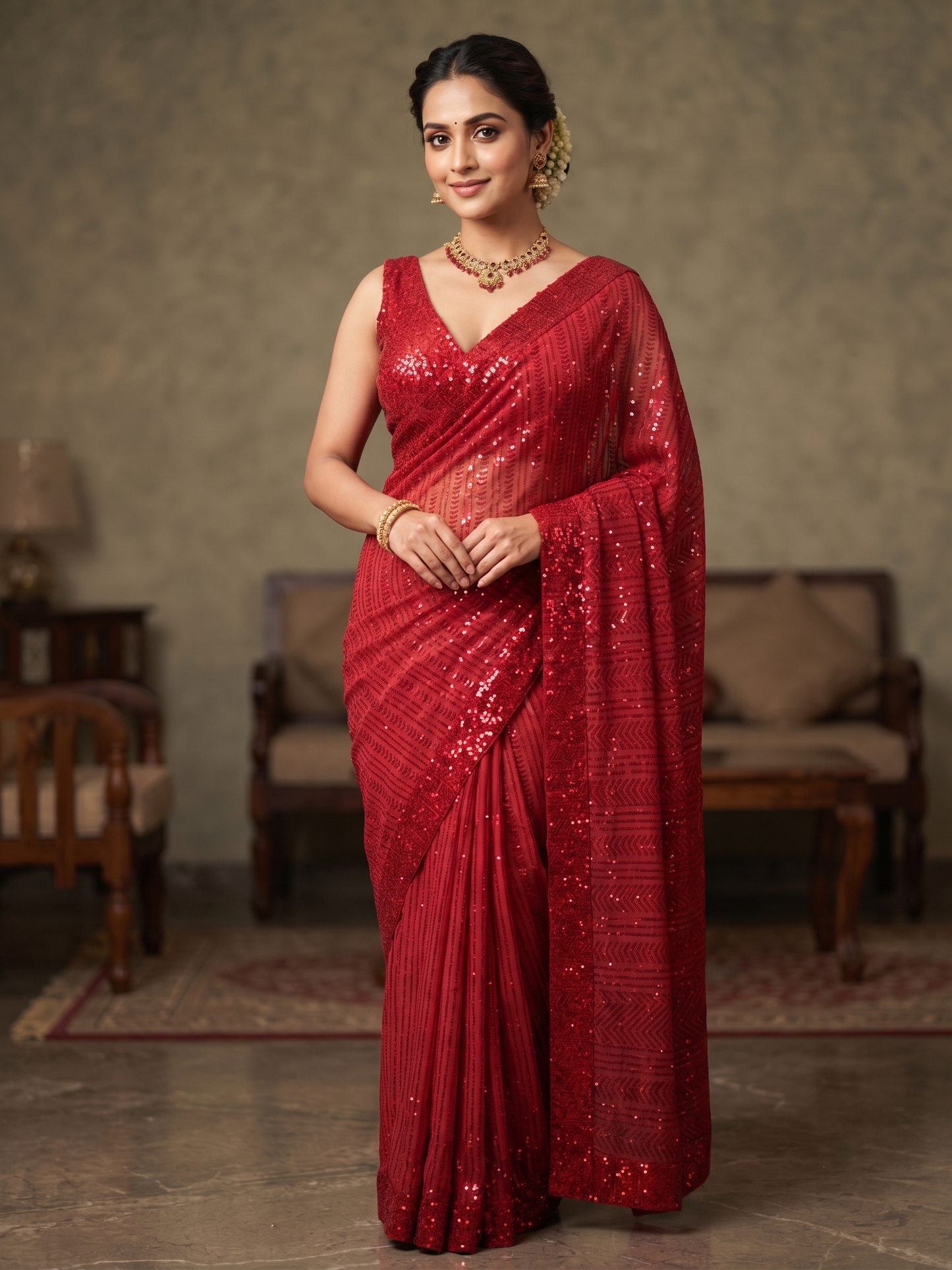 Faux Georgette Embroidered Saree with Sequins Work