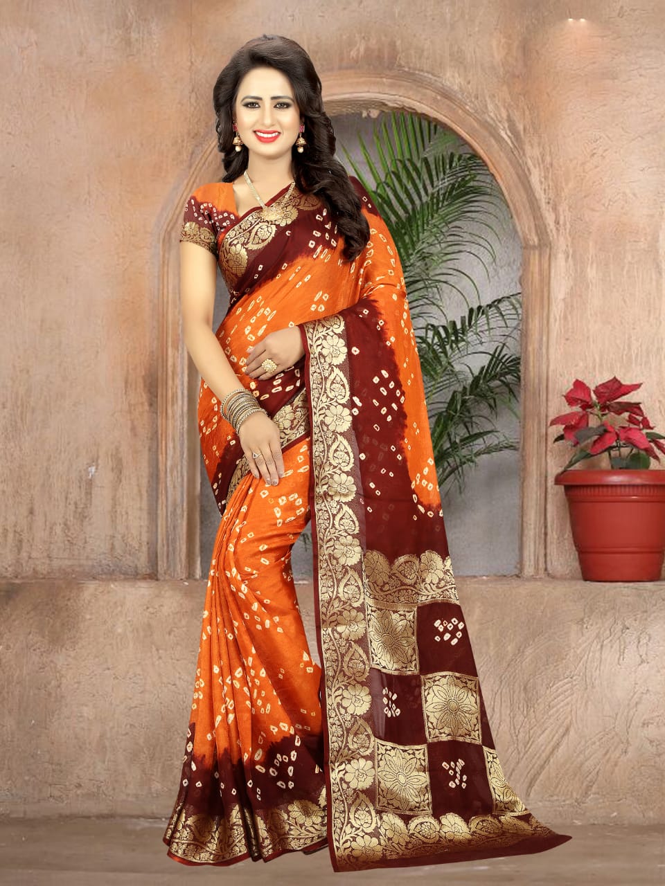 Ravishing Orange & Maroon Art Silk Bandhani Handicraft Designer Fancy Saree Online