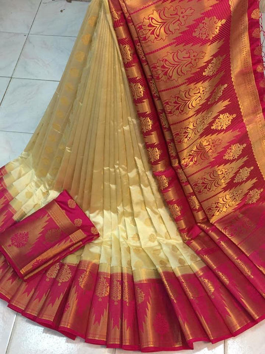 Outstanding Cream/Rani Nylon Silk With Rich Pallu fancy designer saree