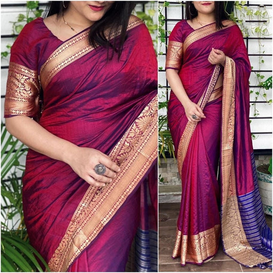 Gorgeous Wine Color Party Wear Sana Silk Jacquard Border Designer Saree Blouse For Function Wear