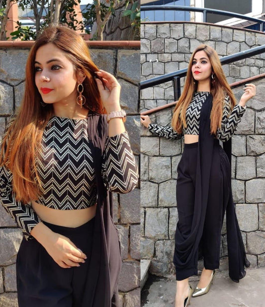 Dazzling Black Color Party Wear Butter Silk Digital Printed Full Stitched Indo Western for women