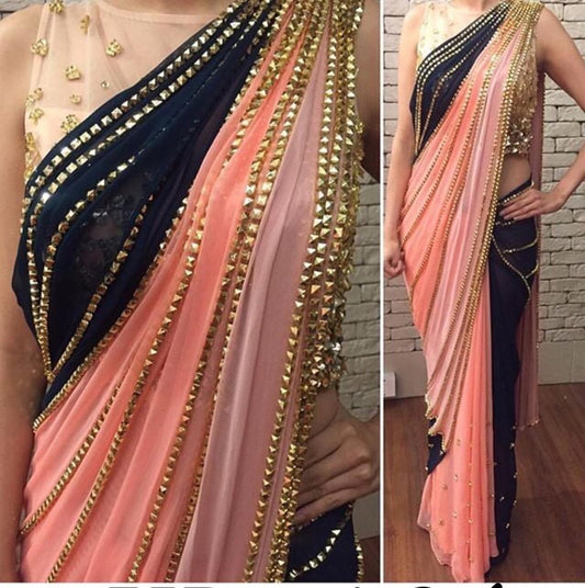 Gorgeous Peach Color Designer Georgette Sequence Ready Made Lace Stitching Work Designer Saree Blouse For Wedding Wear