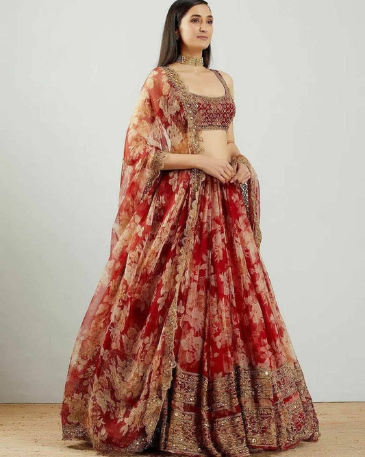 Lovable Red Color Function Wear Georgette Printed Work Lehenga Choli